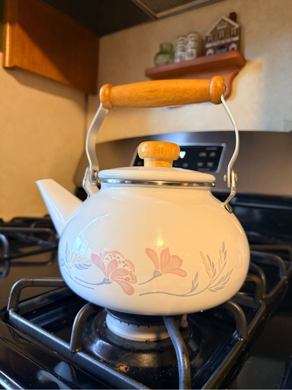 Corelle White Floral Ceramic Teakettle with Wooden Handle